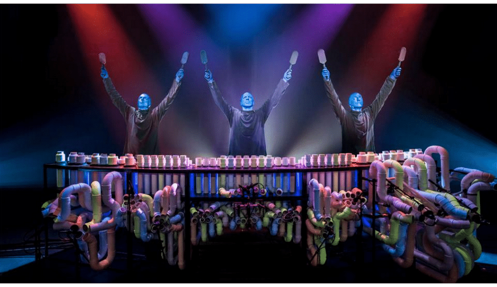 Blue Man Group Las Vegas standing behind PVC pipe drum