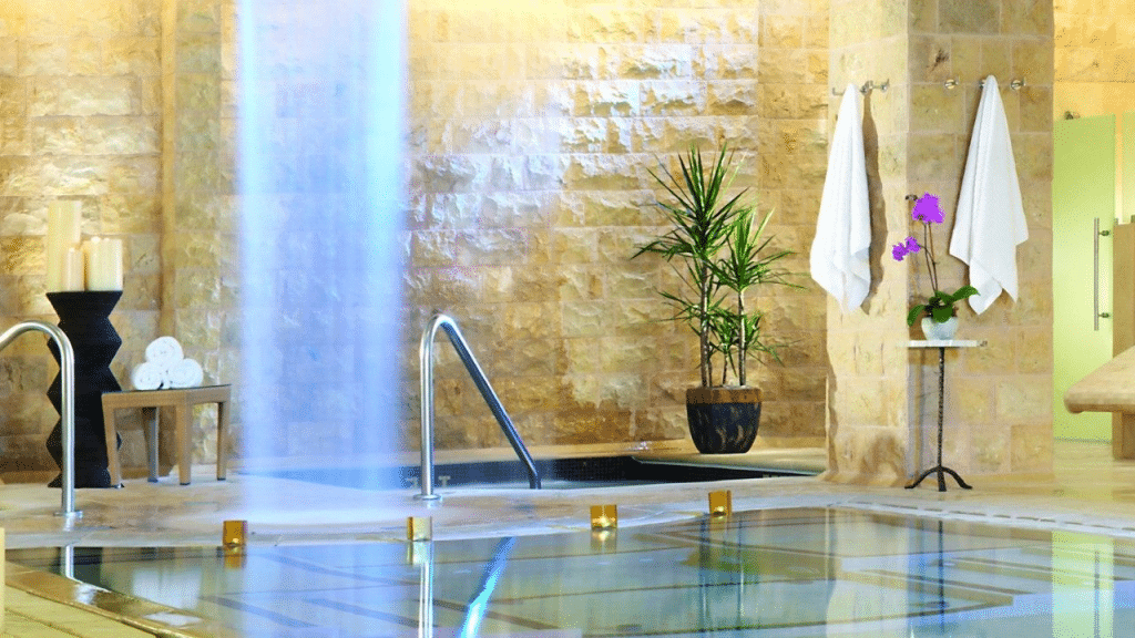 Qua Spa pool at Caesars Palace with waterfall in background