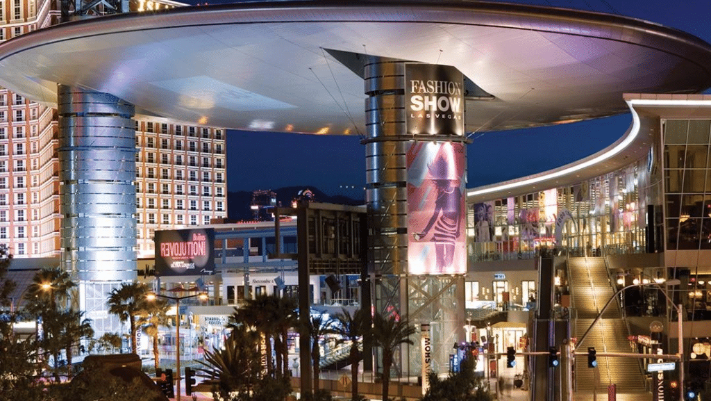 Exterior of Fashion Show Las Vegas at nightime