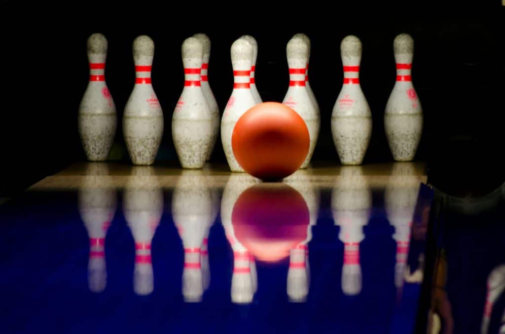 Close up of bowling pins and bowling ball 